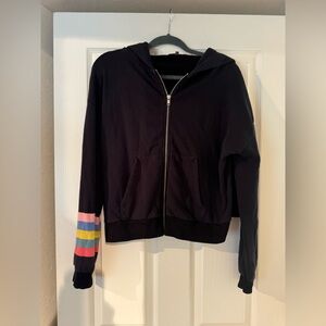 Wildfox Rainbow 🌈 Print Black Zip Up Hoodie with Colorful Striped Sleeve